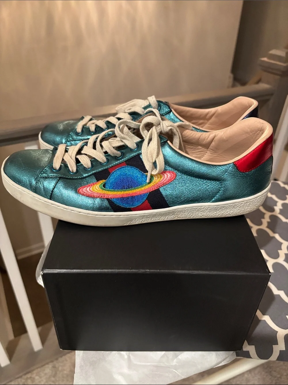 Gucci Metallic Teal Rainbow Embroidered Ace Sneakers